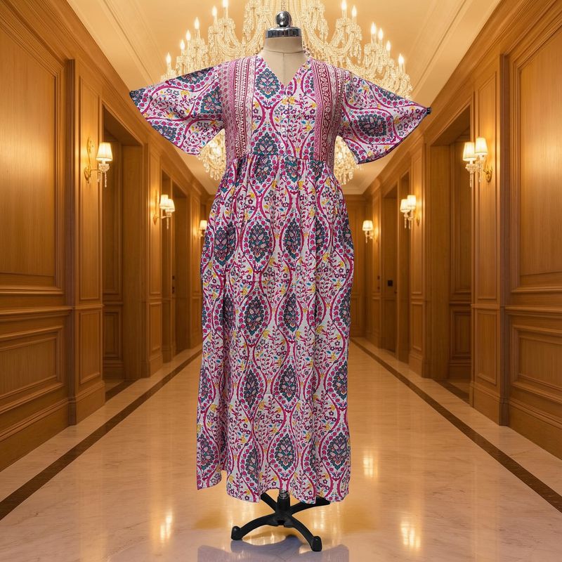 S-M Rahaf Printed Cotton Dress 57" Long Jalabiya