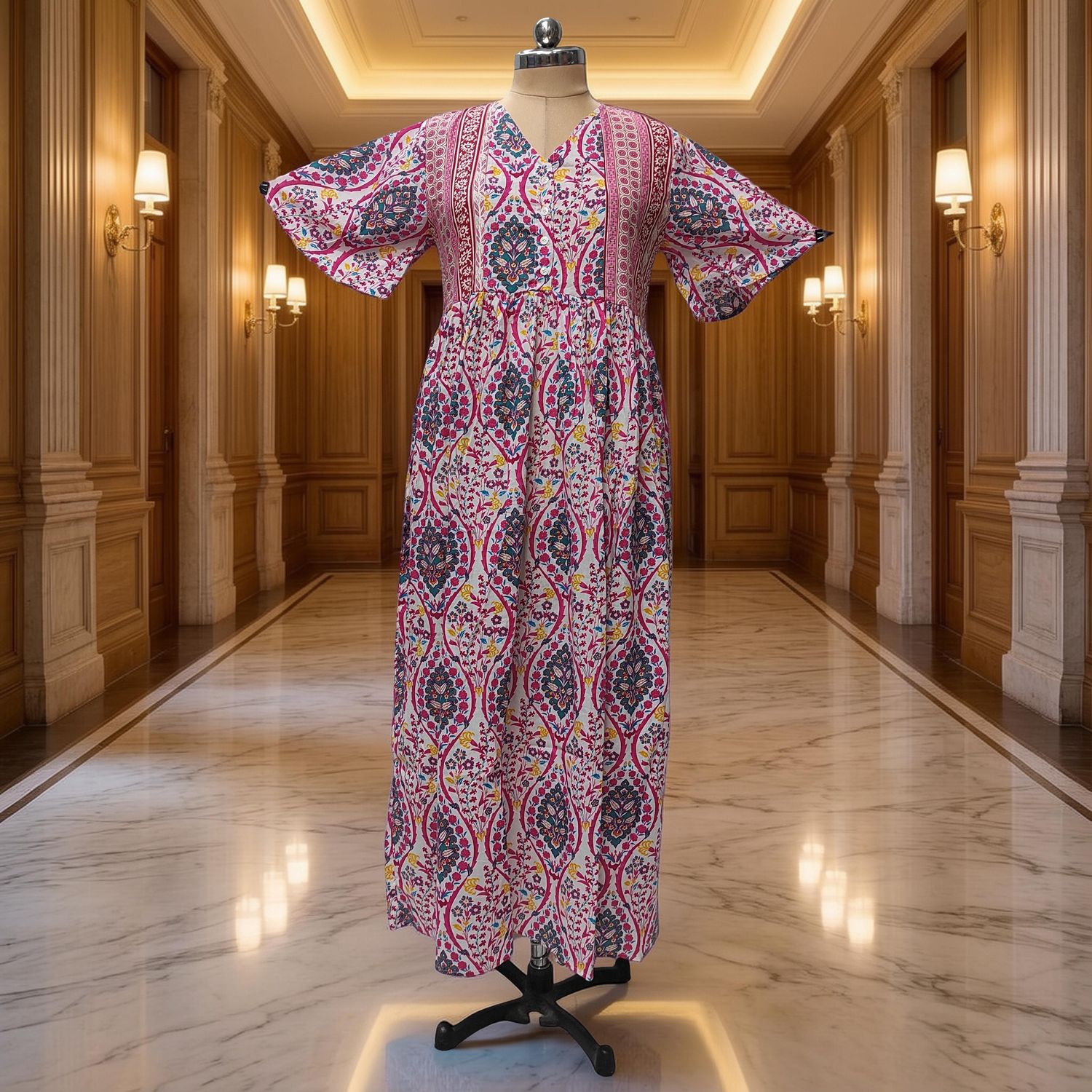 S-M Rahaf Printed Cotton Dress 57" Long Jalabiya