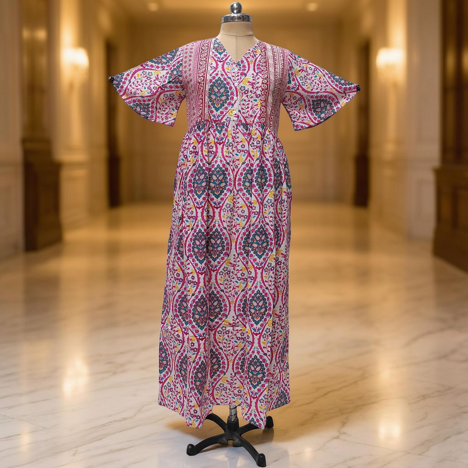 S-M Rahaf Printed Cotton Dress 57" Long Jalabiya