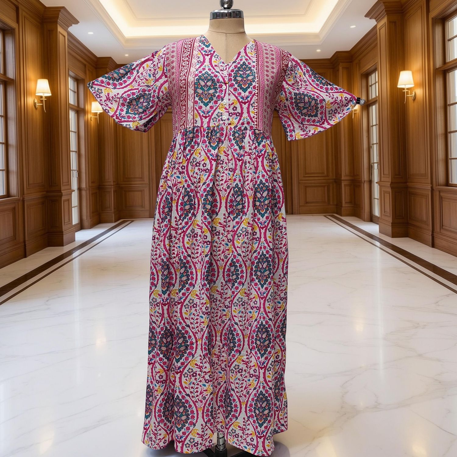 S-M Rahaf Printed Cotton Dress 57" Long Jalabiya