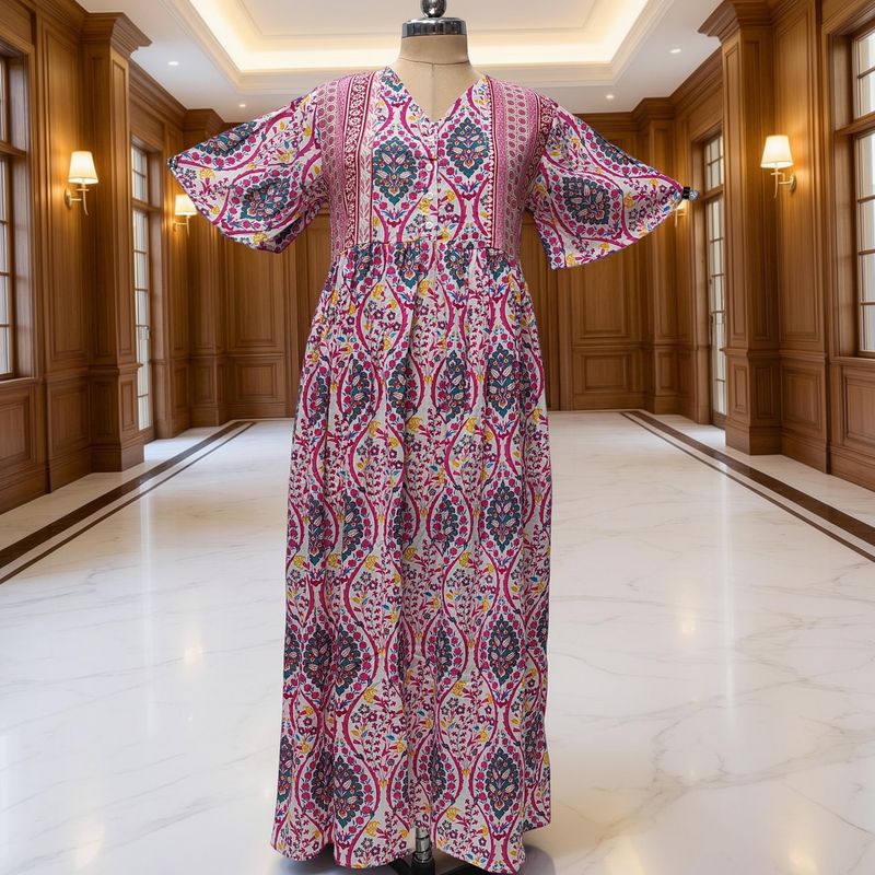 S-M Rahaf Printed Cotton Dress 57" Long Jalabiya