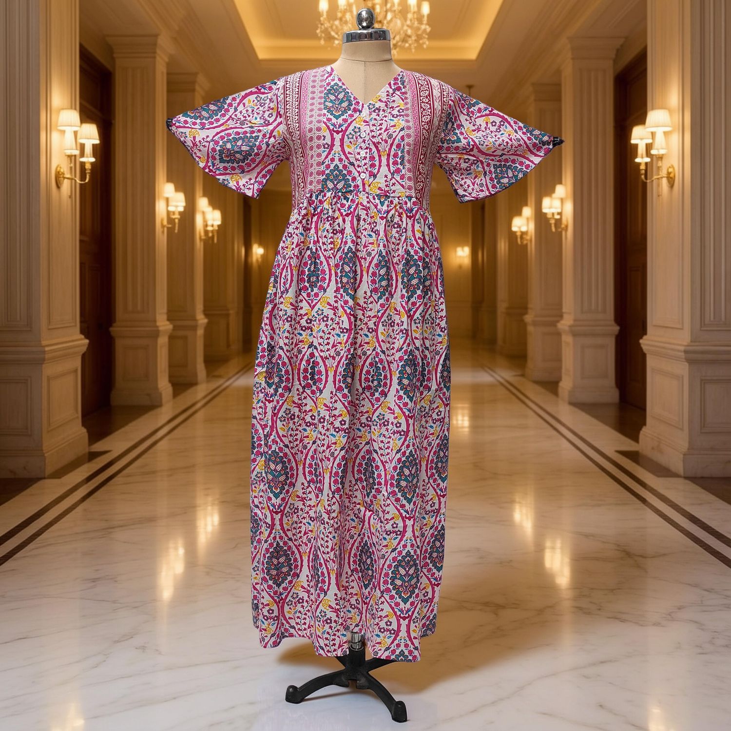 S-M Rahaf Printed Cotton Dress 57" Long Jalabiya