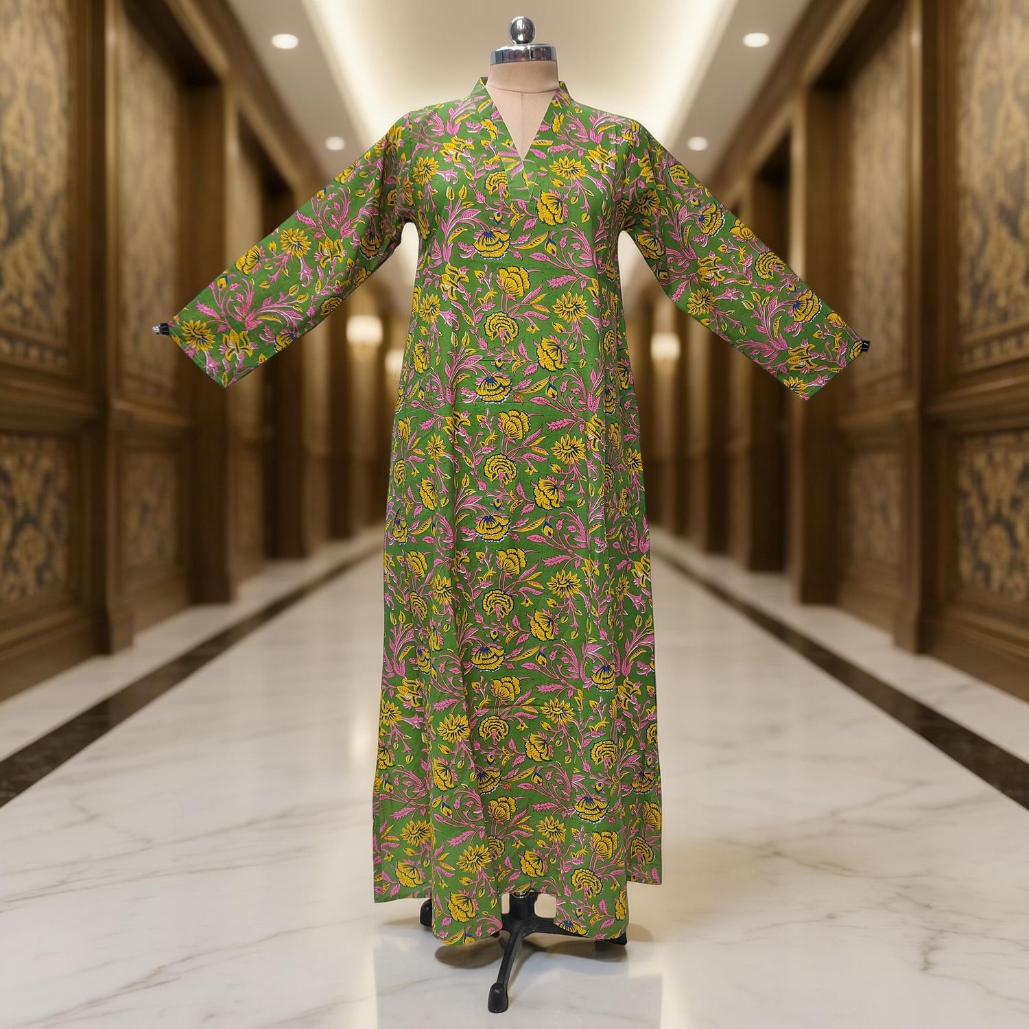 XS/S Teena Printed Cotton Dress 54"Long Sleeves Jalabiya