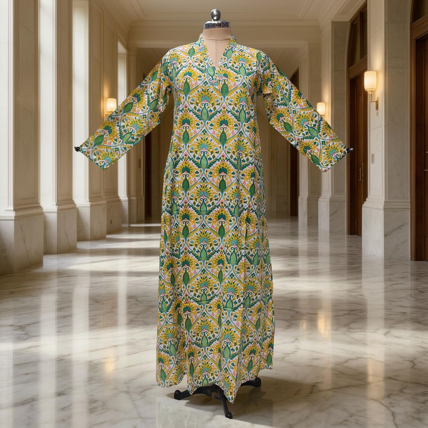 XS/S Teena Printed Cotton Dress 54"Long Sleeves Jalabiya