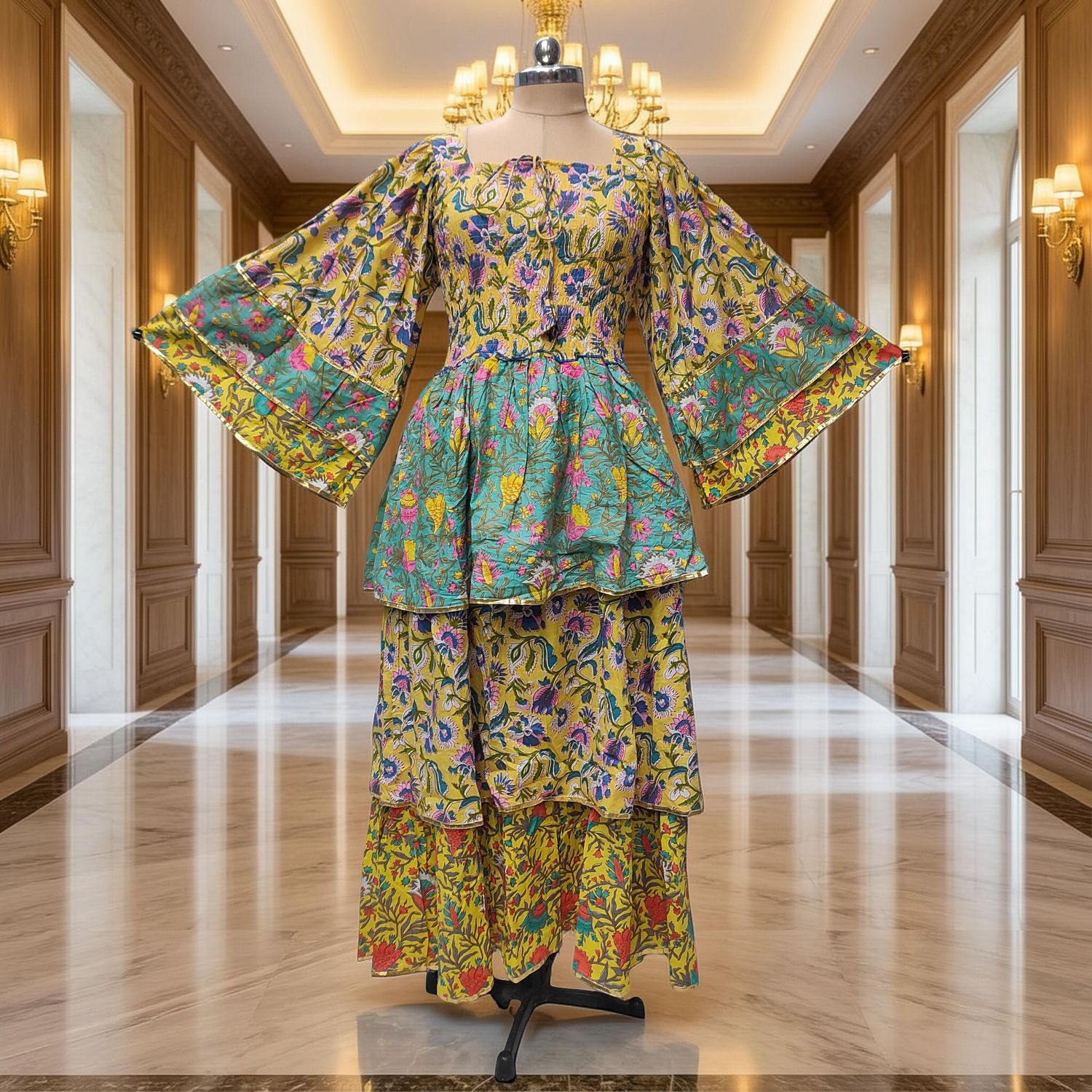 S/M Rahima Printed Cotton Dress 57" Long Jalabiya