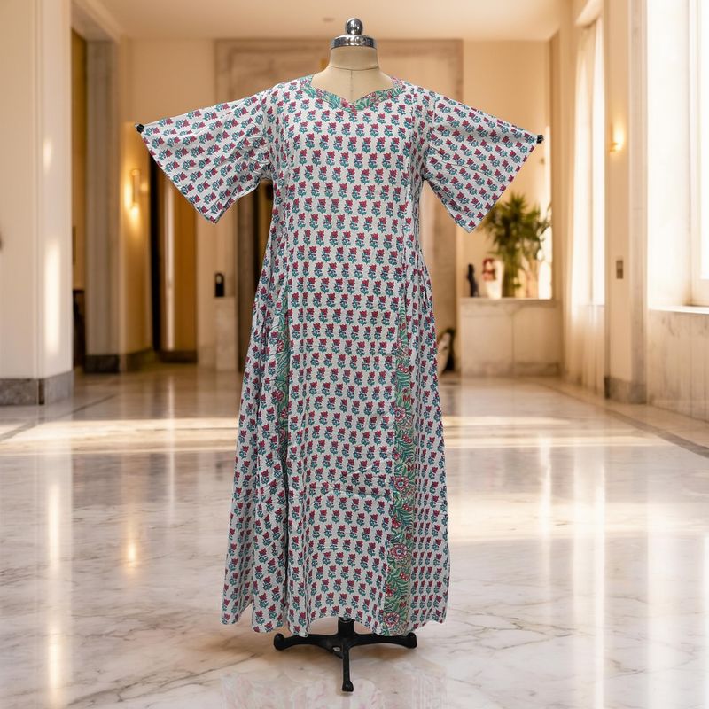 XS-S Ariya Printed Cotton Dress 54" Short Sleeves Jalabiya