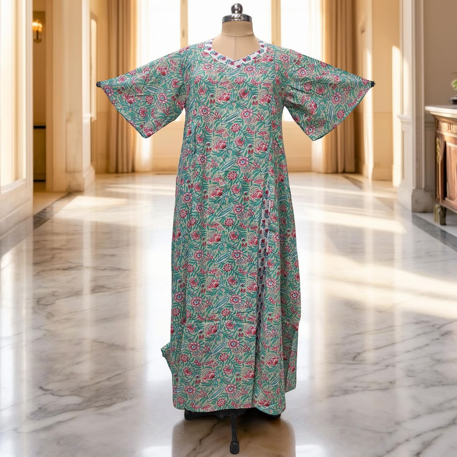 XS-S Ariya Printed Cotton Dress 54" Short Sleeves Jalabiya