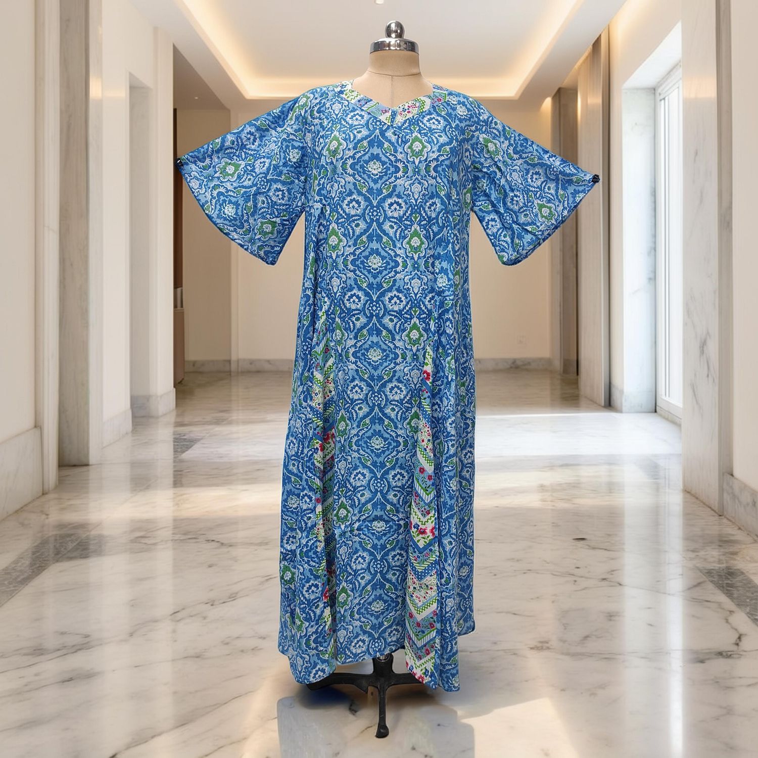 XS-S Ariya Printed Cotton Dress 54" Short Sleeves Jalabiya