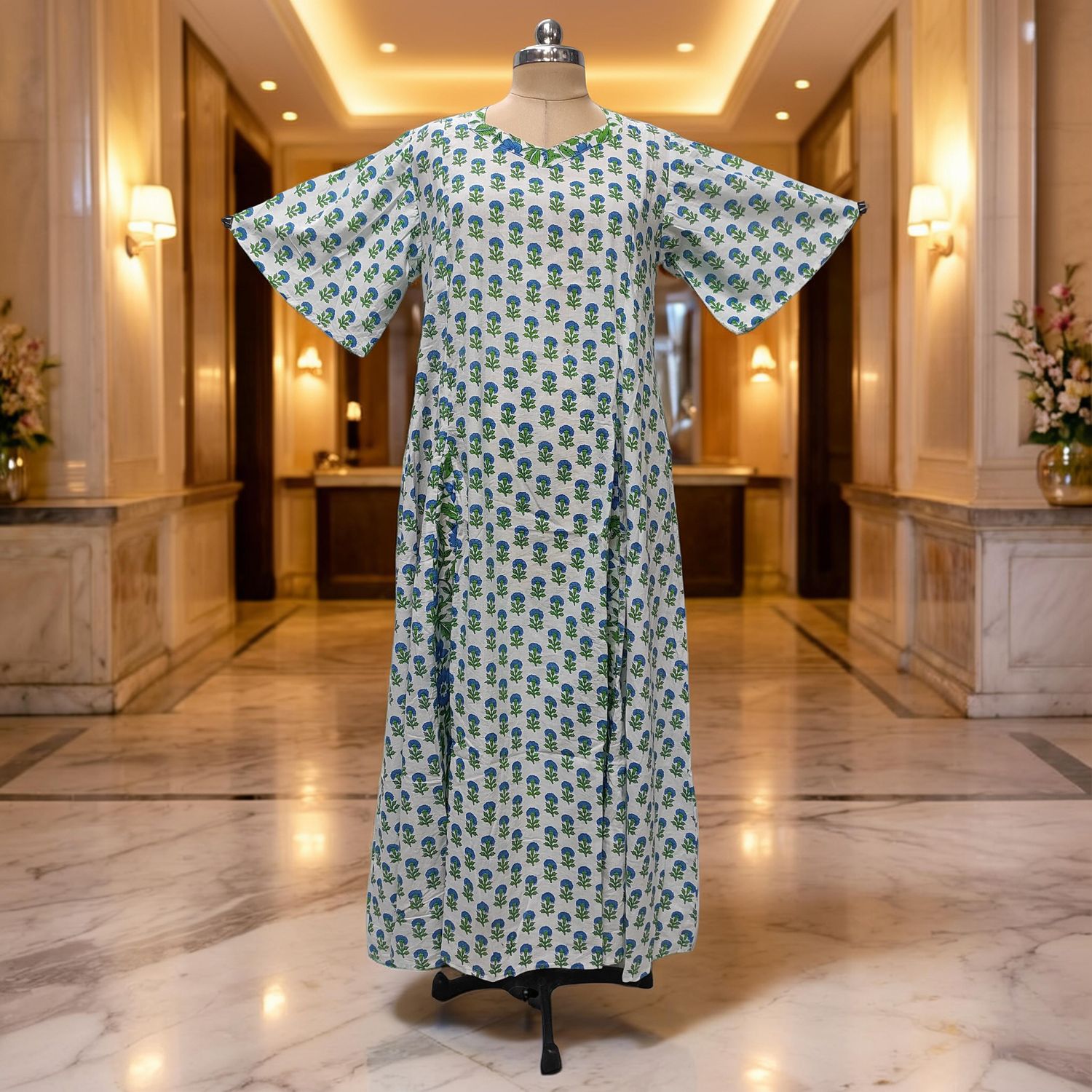 XS-S Ariya Printed Cotton Dress 54" Short Sleeves Jalabiya