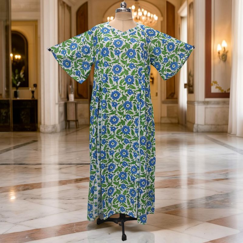 L-XL Ariya Printed Cotton Dress 57" Short Sleeves Jalabiya