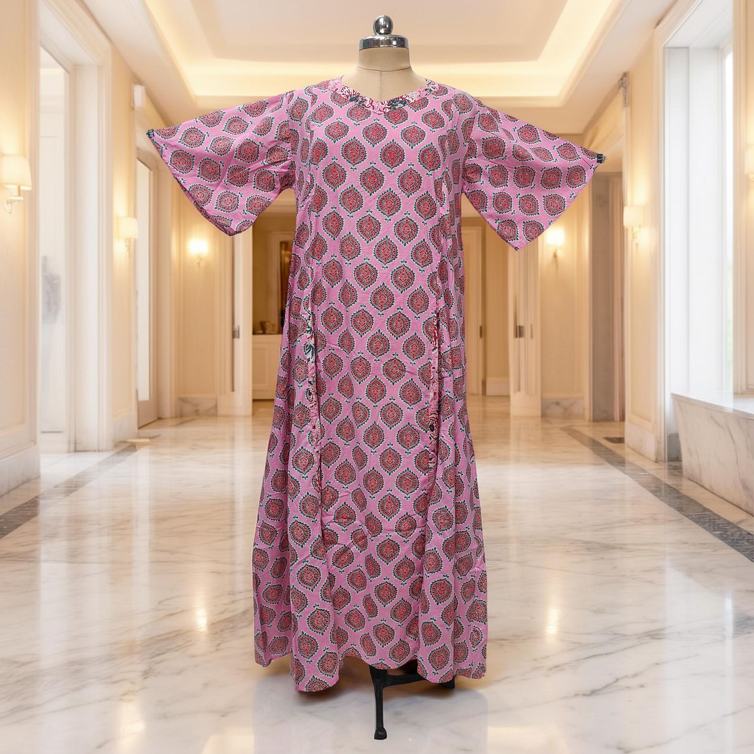 L-XL Ariya Printed Cotton Dress 57" Short Sleeves Jalabiya