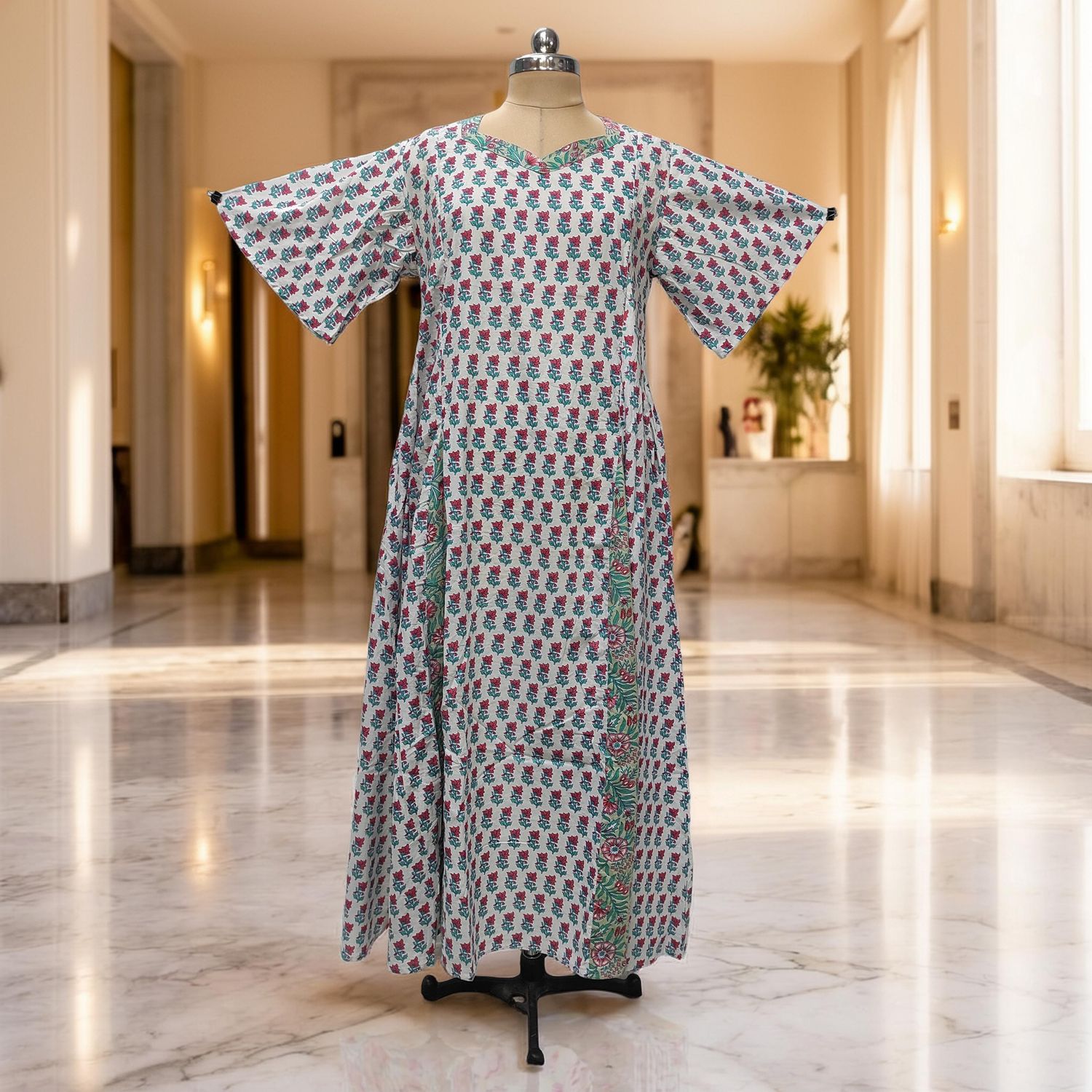 L-XL Ariya Printed Cotton Dress 57" Short Sleeves Jalabiya