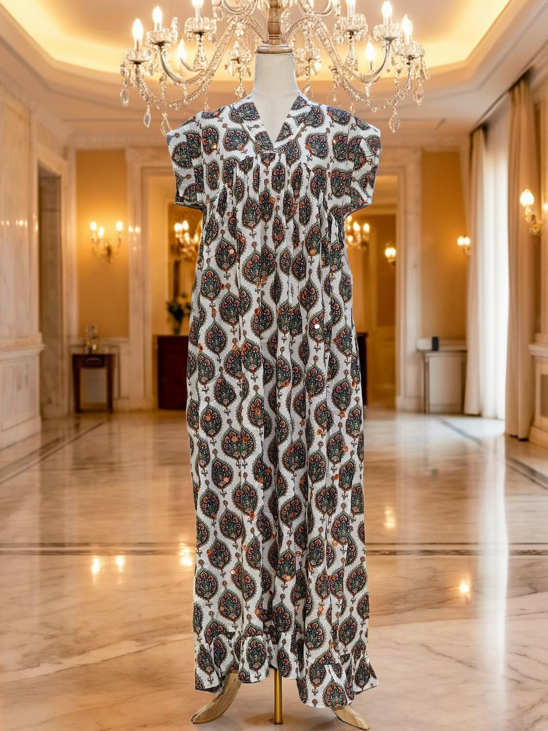 L/XL Amani Printed Cotton Dress 57" Short Sleeves Jalabiya