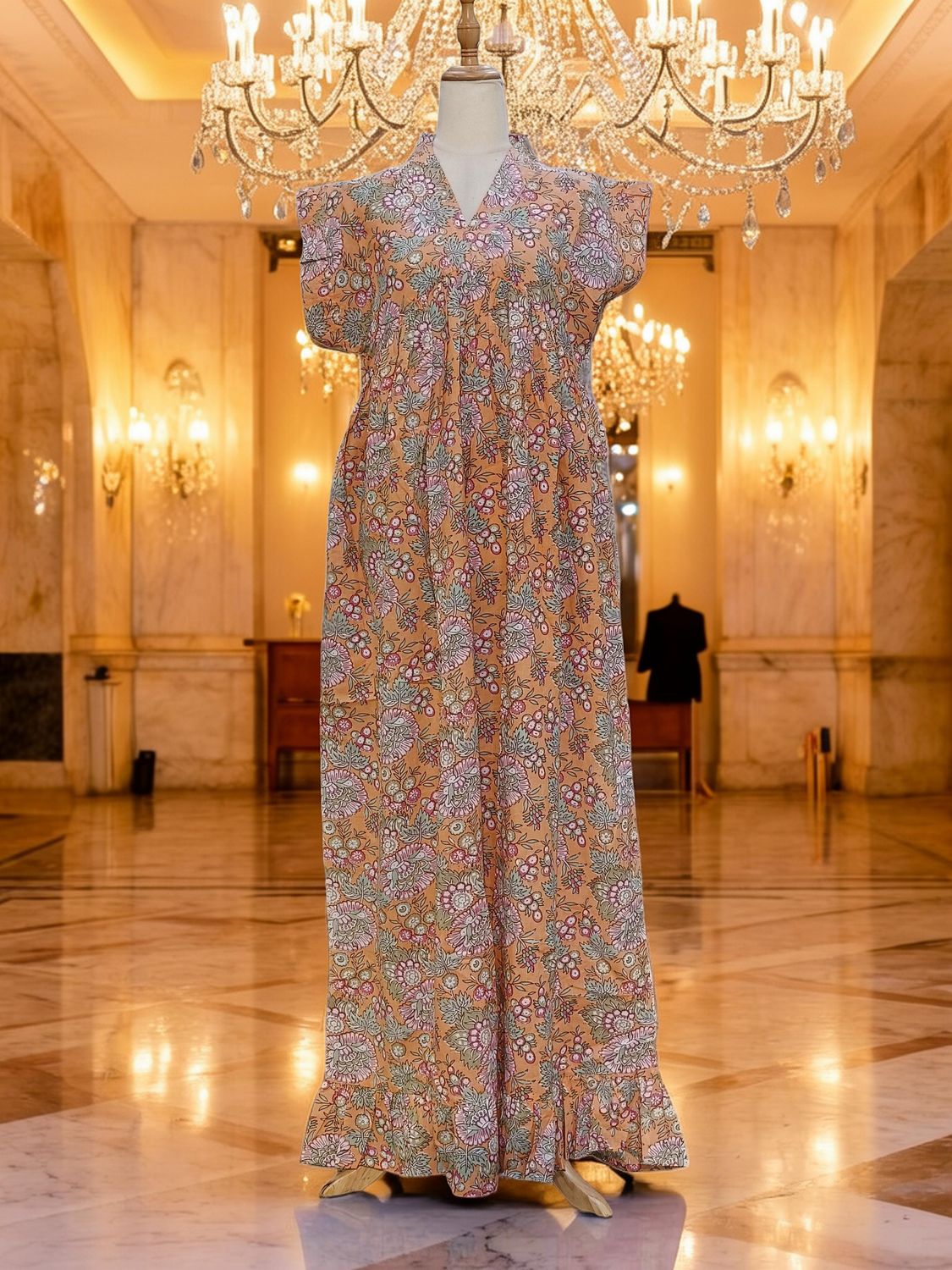 L/XL Amani Printed Cotton Dress 57" Short Sleeves Jalabiya