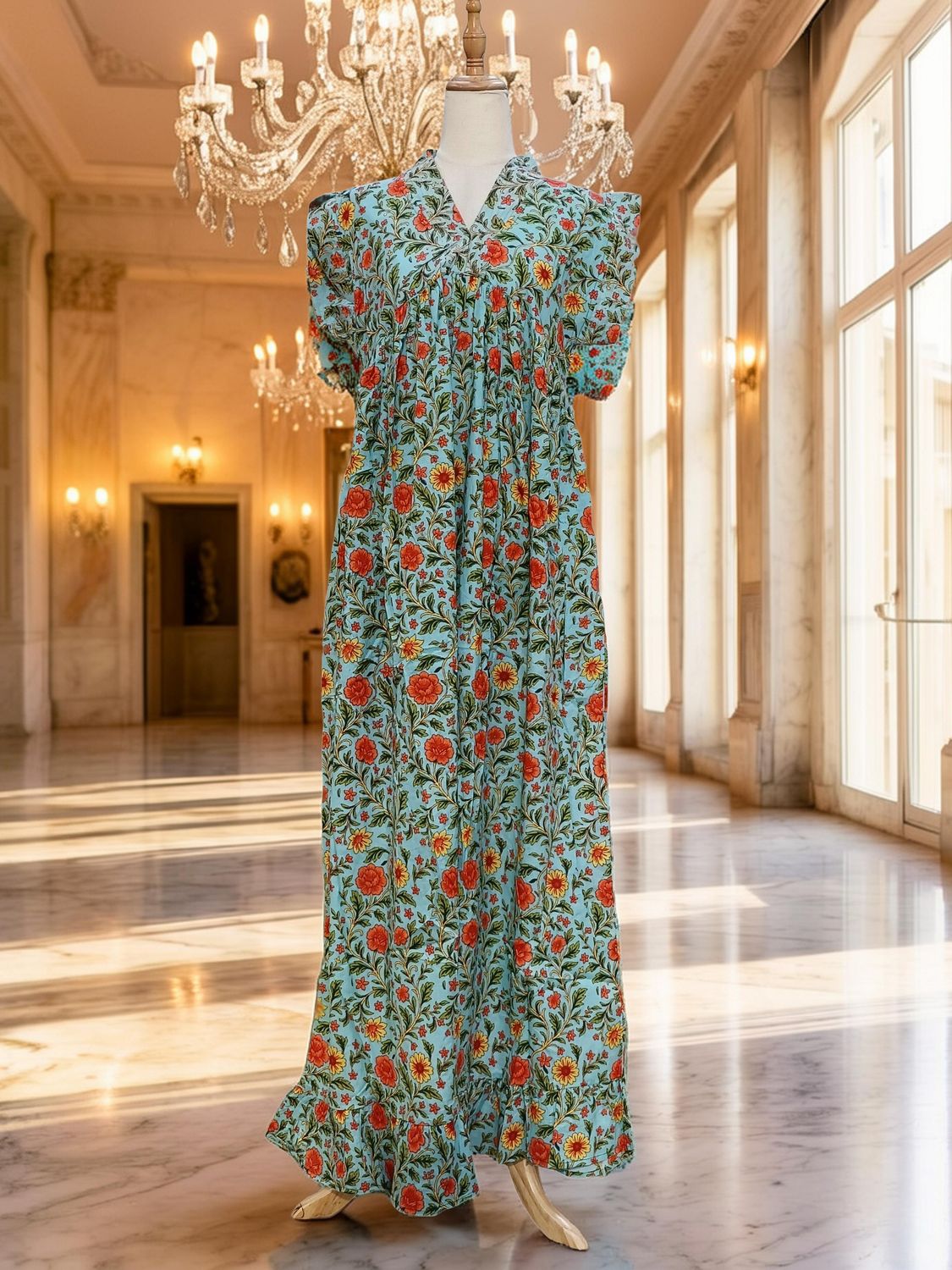 S-M Amani Printed Cotton Dress 57" Short Sleeves Jalabiya