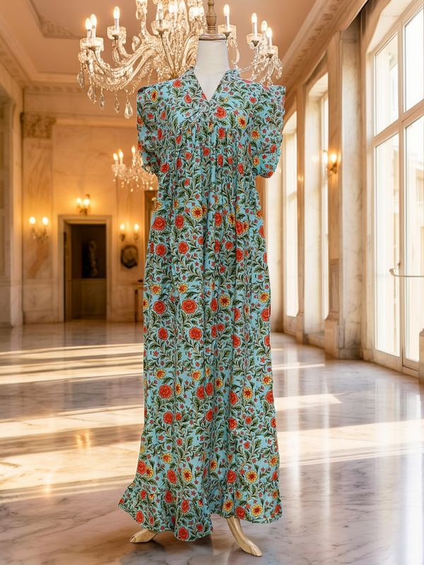 S-M Amani Printed Cotton Dress 57" Short Sleeves Jalabiya