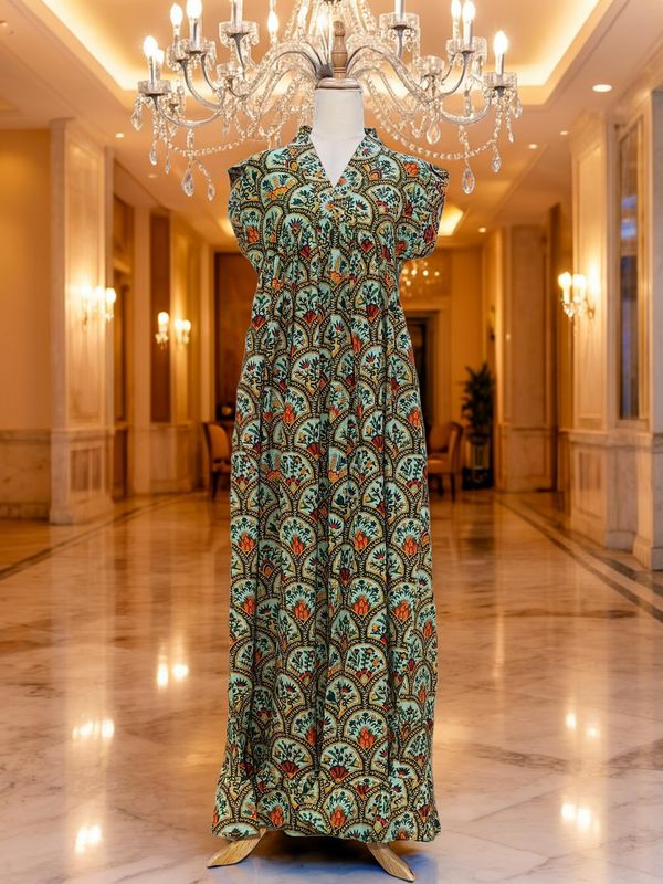 S-M Amani Printed Cotton Dress 57" Short Sleeves Jalabiya