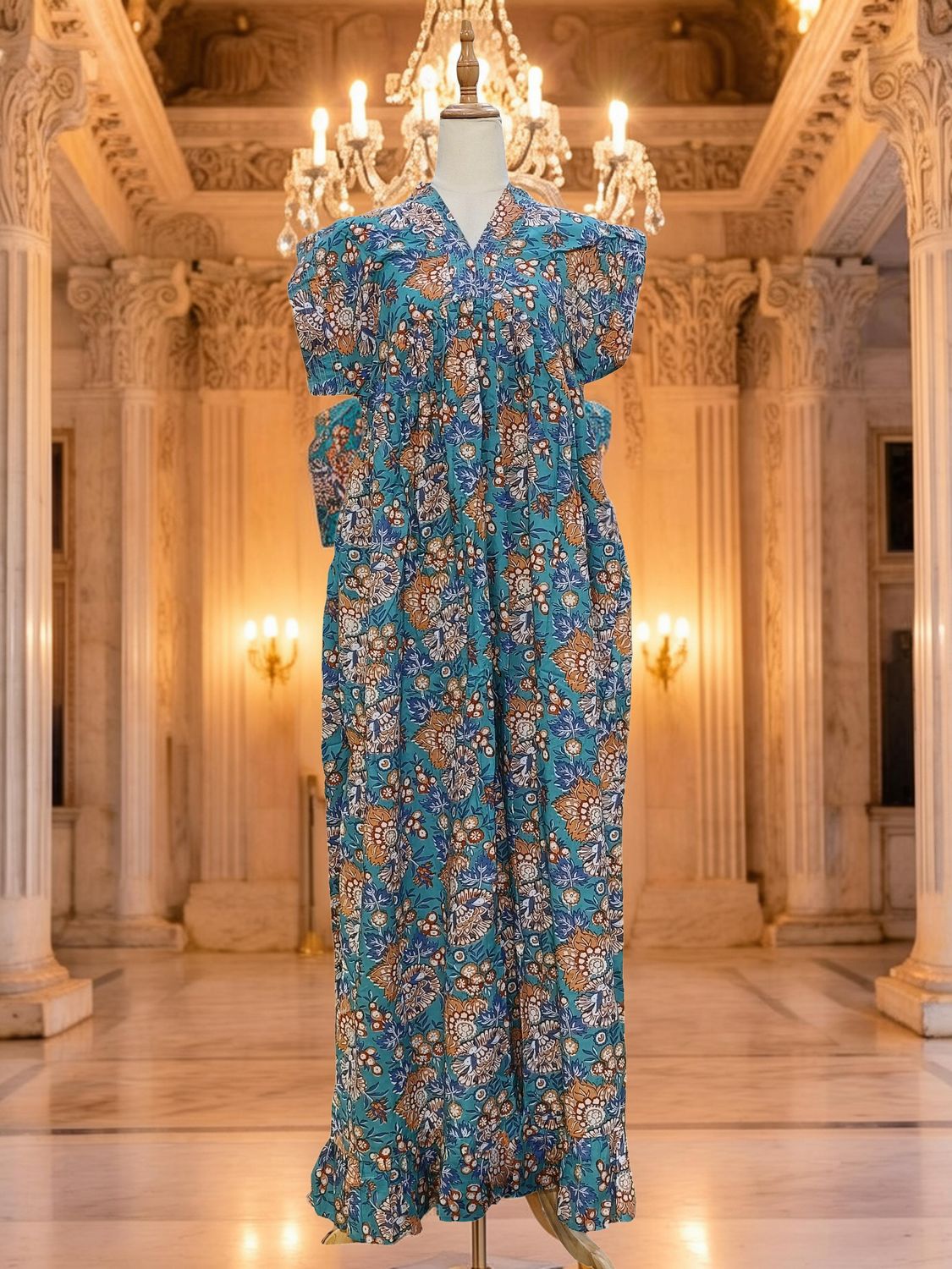 L/XL Amani Printed Cotton Dress 57" Short Sleeves Jalabiya