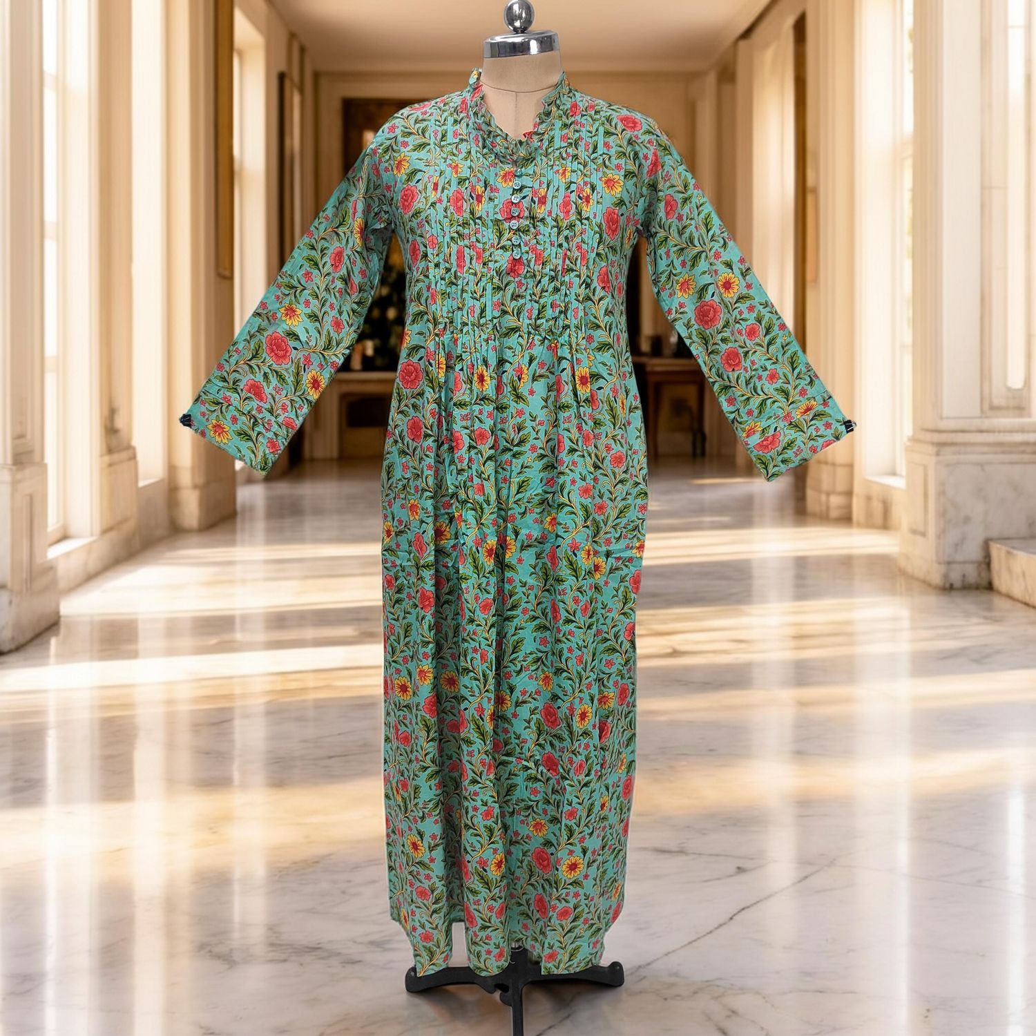 S/M Sparrow Printed Cotton Dress 57" Long Jalabiya