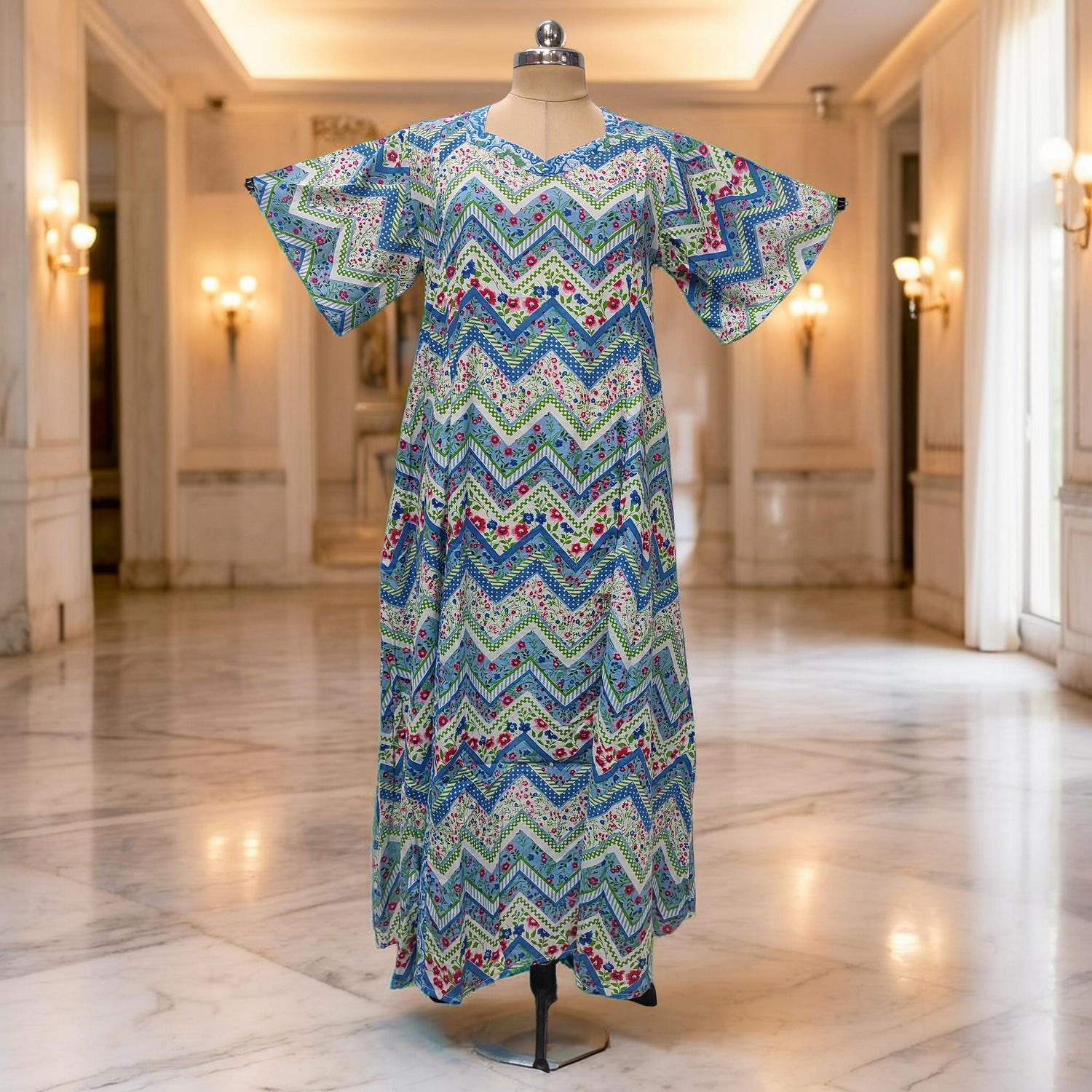 2XL/3XL Ariya Printed Cotton Dress 57" Short Sleeves Jalabiya