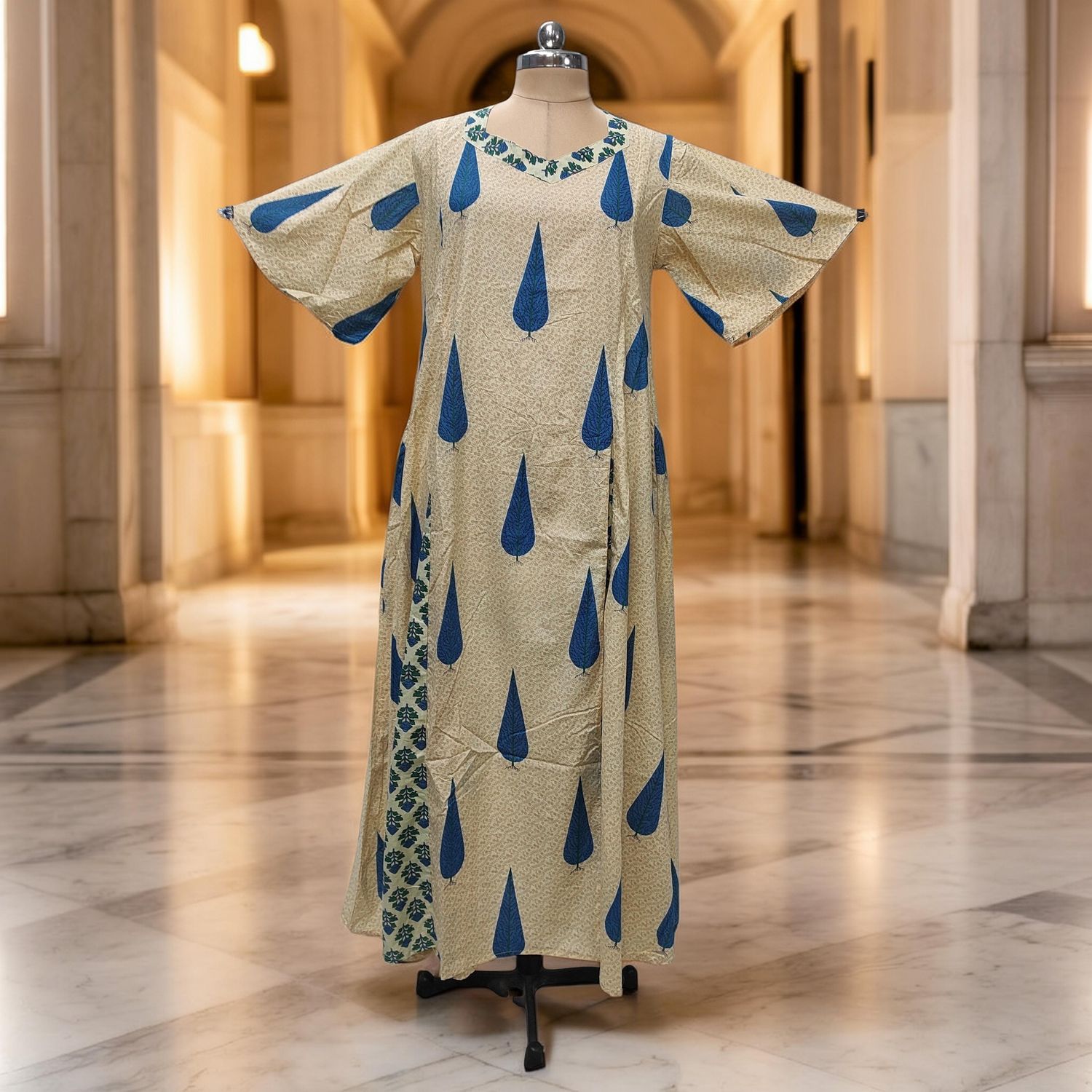 L-XL Ariya Printed Cotton Dress 57" Short Sleeves Jalabiya