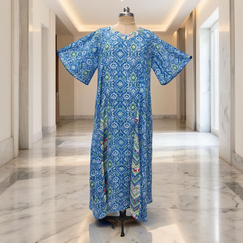 2XL/3XL Ariya Printed Cotton Dress 57" Short Sleeves Jalabiya