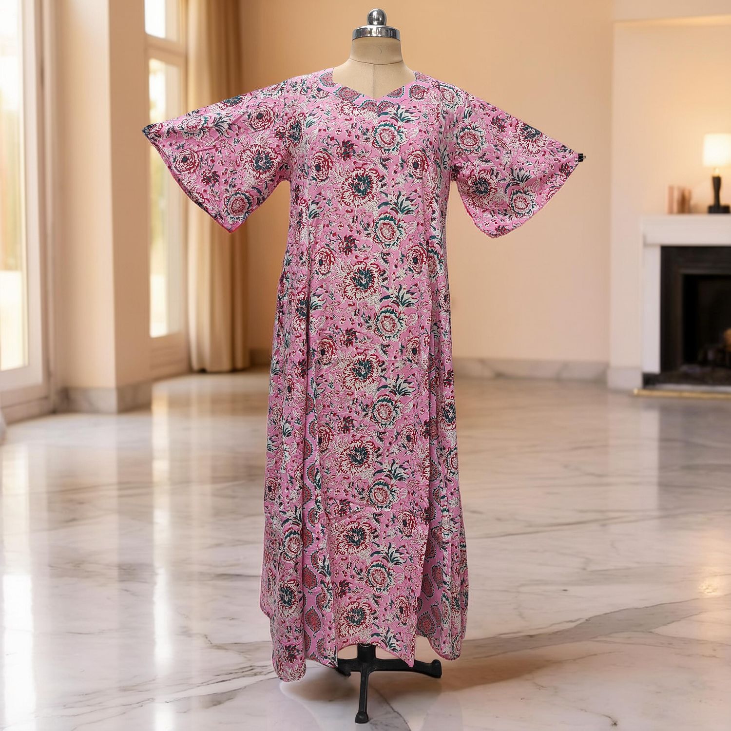 2XL/3XL Ariya Printed Cotton Dress 57" Short Sleeves Jalabiya