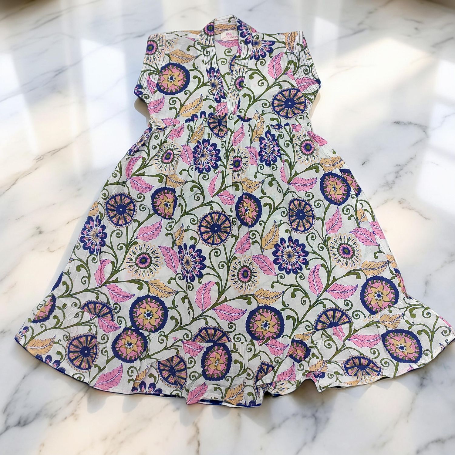 6-7 Year Amani Printed Cotton Girls Dress 38" Short Sleeves Jalabiya