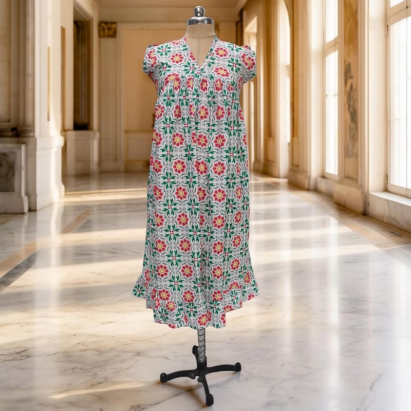 12-13 Year Amani Printed Cotton Girls Dress 50" Short Sleeves Jalabiya