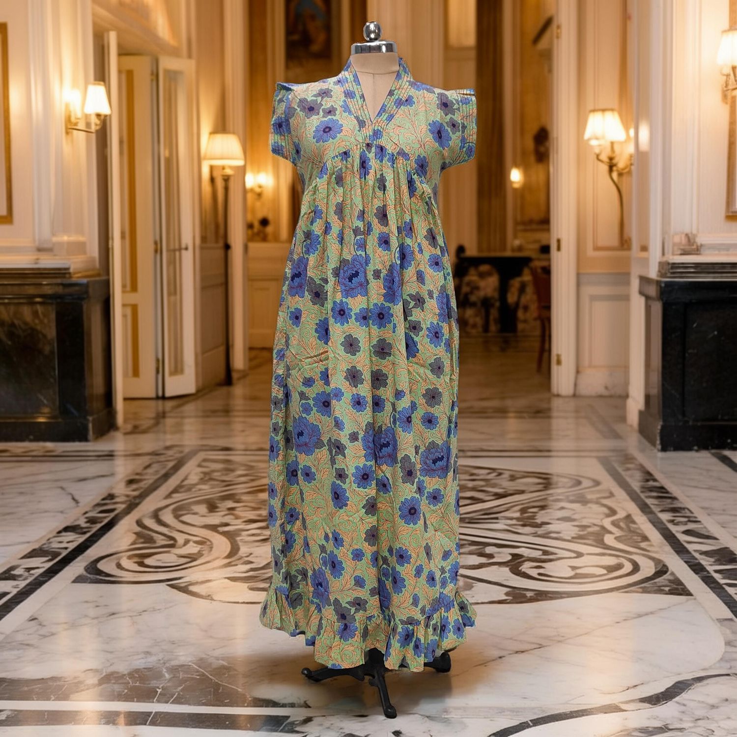 S-M Amani Printed Cotton Dress 57" Short Sleeves Jalabiya