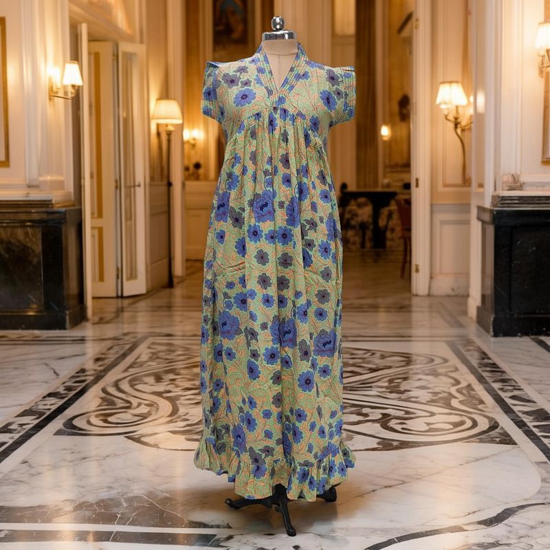 S-M Amani Printed Cotton Dress 57" Short Sleeves Jalabiya