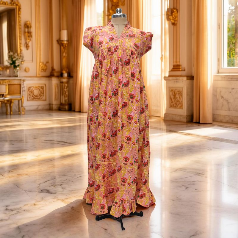 S-M Amani Printed Cotton Dress 57" Short Sleeves Jalabiya