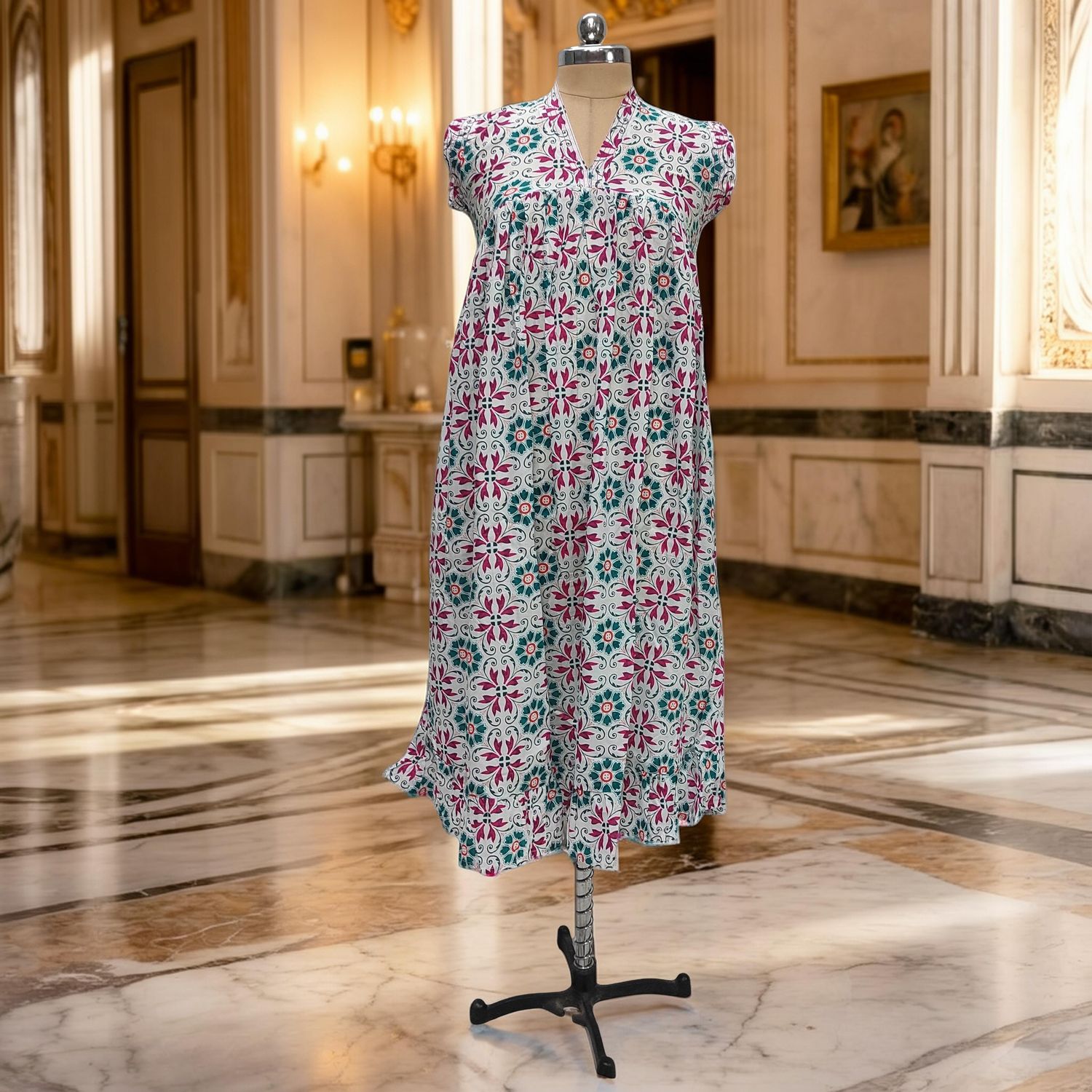 12-13 Year Amani Printed Cotton Girls Dress 50" Short Sleeves Jalabiya