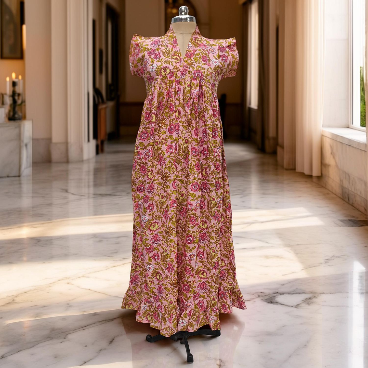 S-M Amani Printed Cotton Dress 57" Short Sleeves Jalabiya