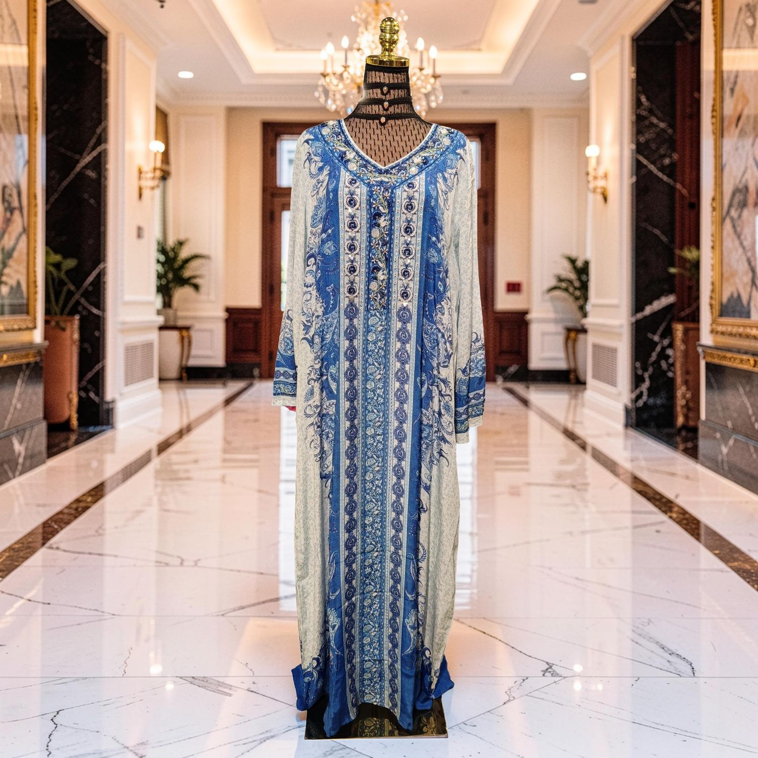 S-M Digital Dress Kaftan Printed Silky Hand Crystal 56" Long Jalabiya