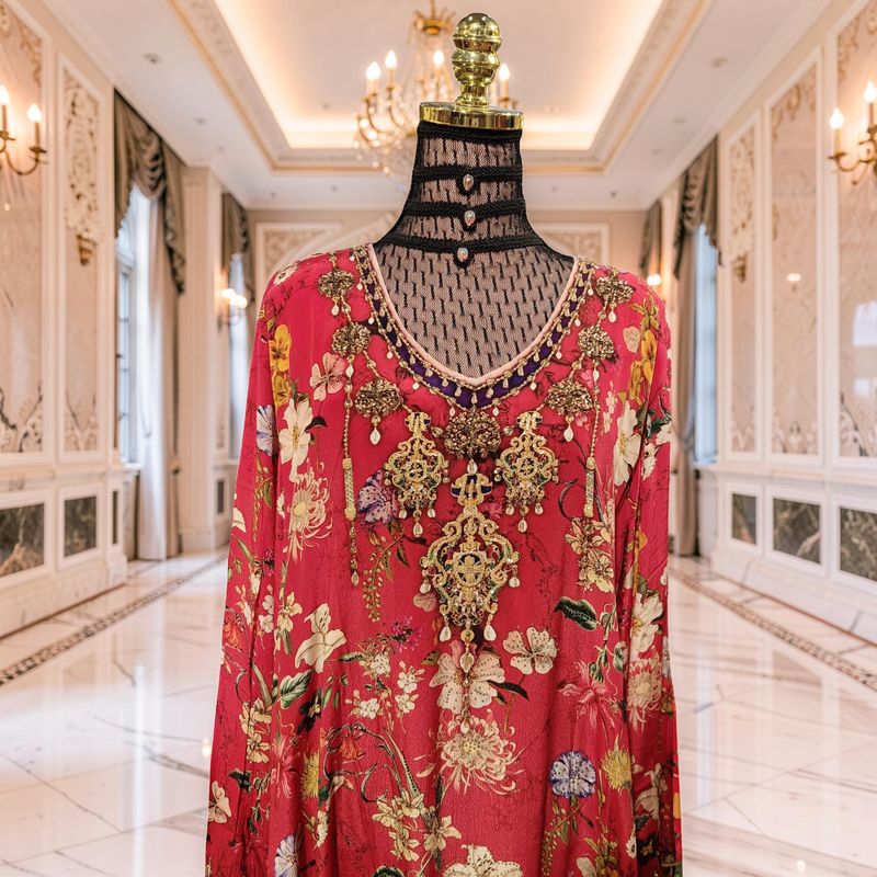 2XL-3XL Digital Dress Kaftan Printed Silky Hand Crystal 57" Long Jalabiya