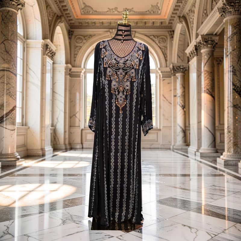 S-M Digital Dress Kaftan Printed Silky Hand Crystal 58" Long Jalabiya