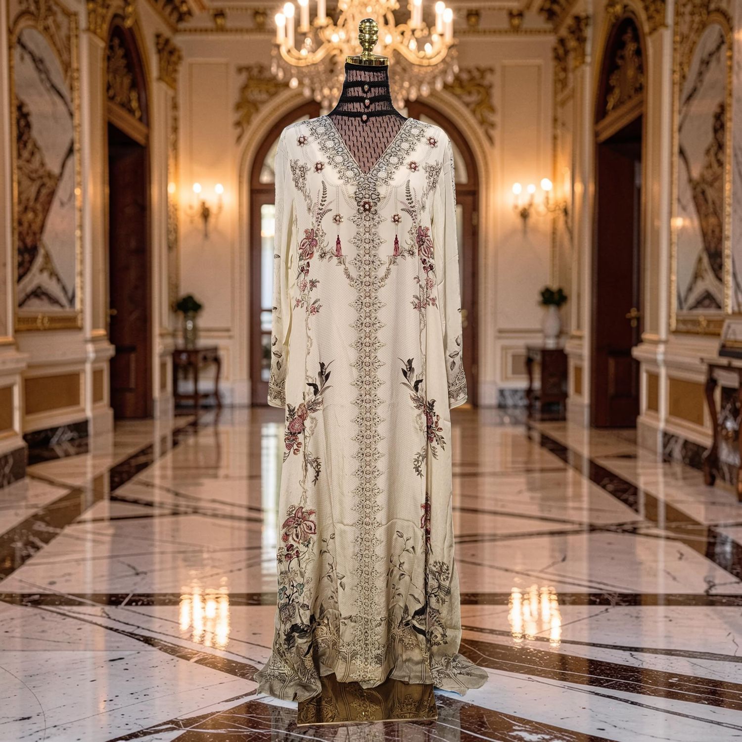 S-M Digital Dress Kaftan Printed Silky Hand Crystal 59" Long Jalabiya