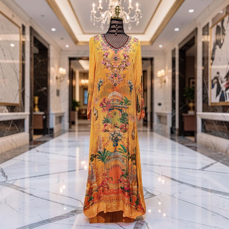 S-M Digital Dress Kaftan Printed Silky Hand Crystal 57" Long Jalabiya