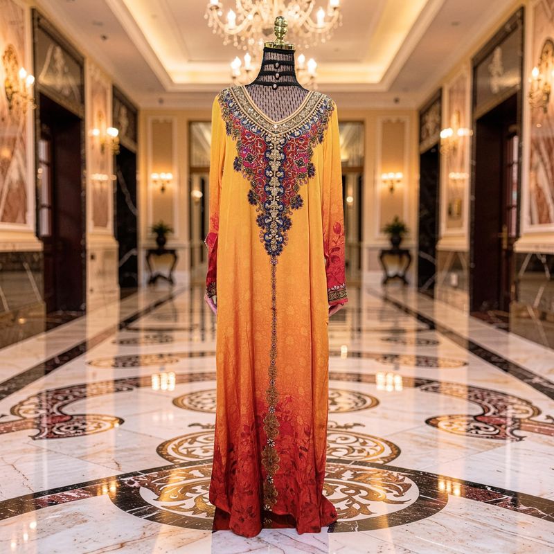 S-M Digital Dress Kaftan Printed Silky Hand Crystal 58" Long Jalabiya