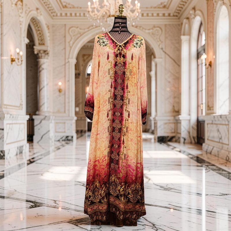 XS-S Digital Dress Kaftan Printed Silky Hand Crystal 57" Long Jalabiya