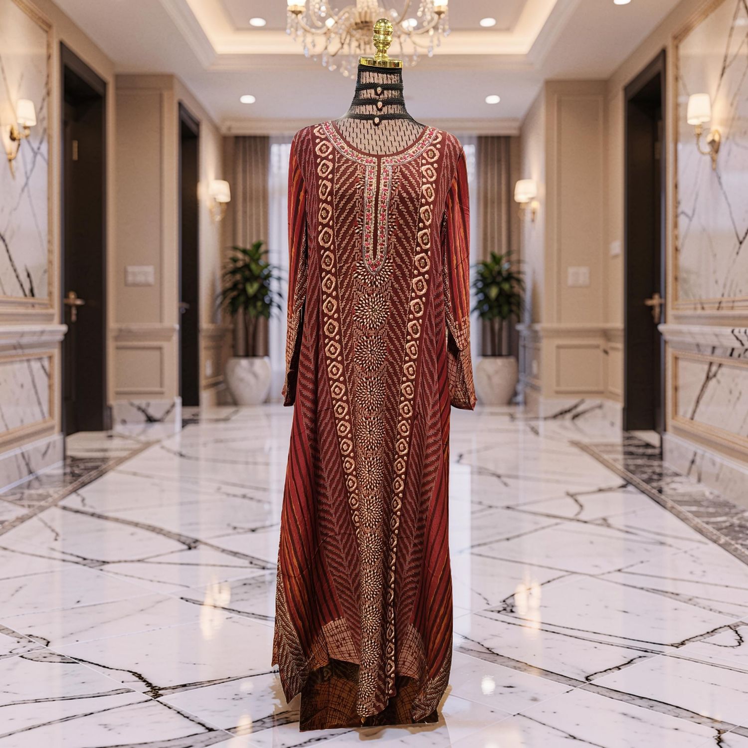 XS-S Digital Dress Kaftan Printed Silky Hand Crystal 57" Long Jalabiya