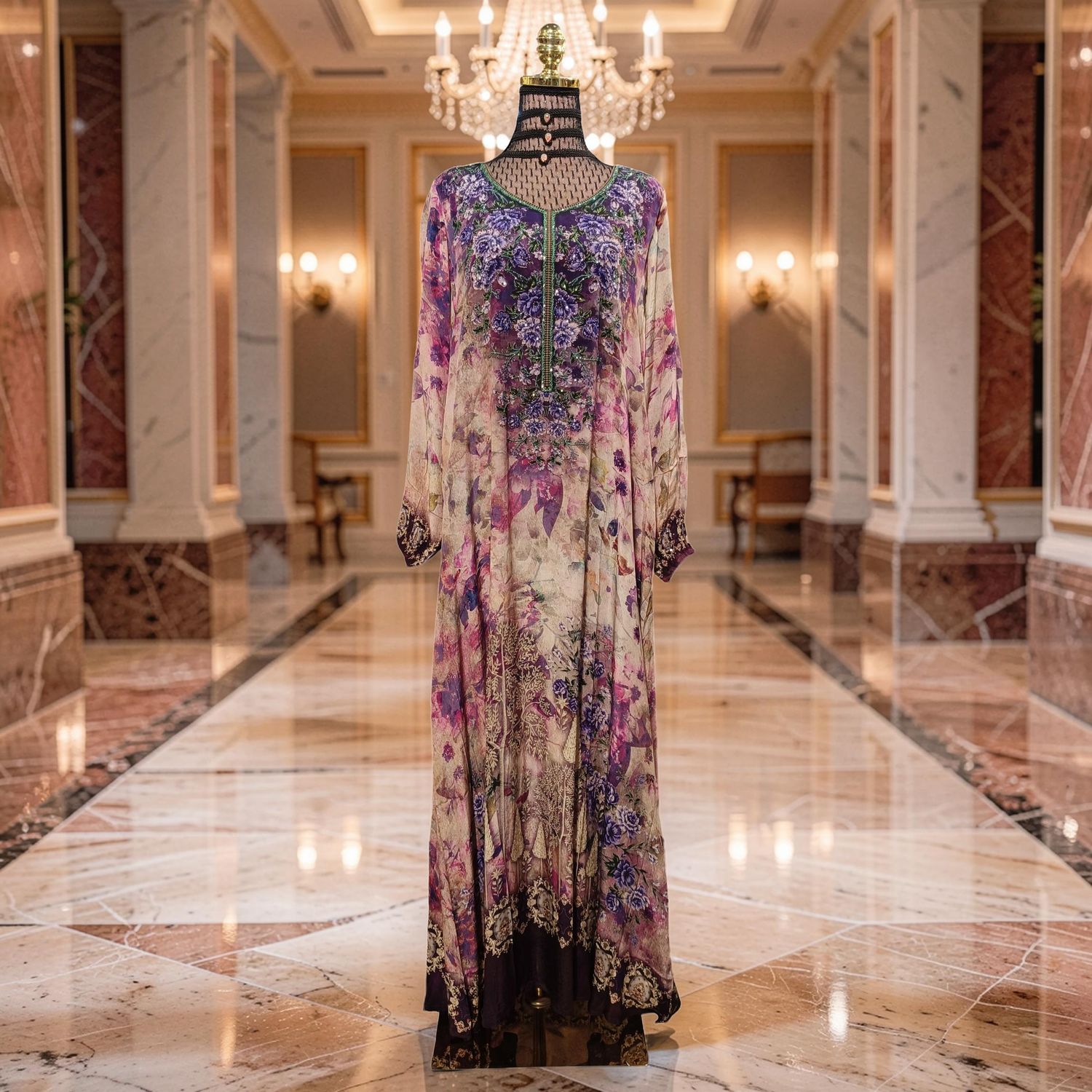 S-M Digital Dress Kaftan Printed Silky Hand Crystal 57" Long Jalabiya