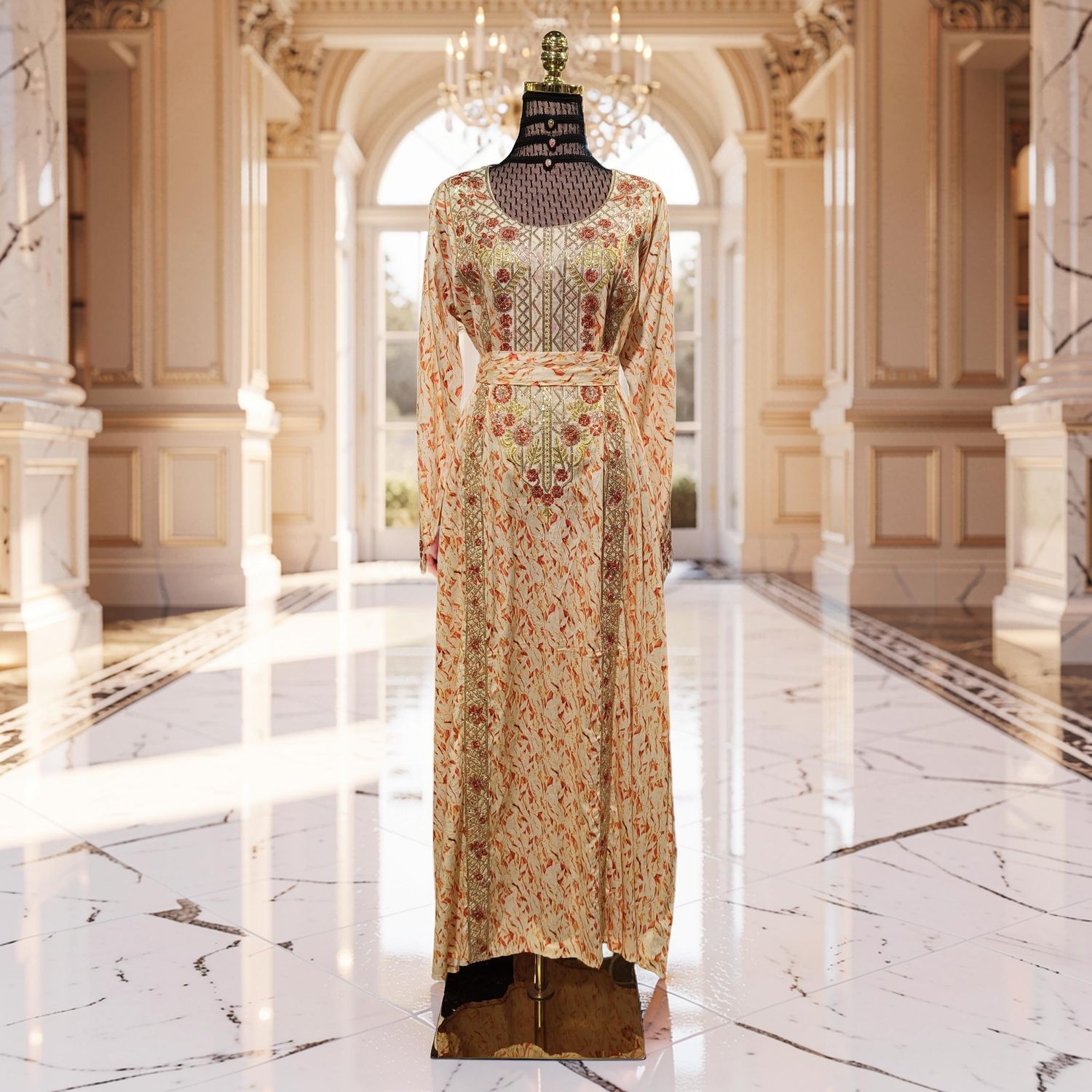 L-XL Digital Dress Kaftan Printed Silky Hand Crystal 55" Long Jalabiya