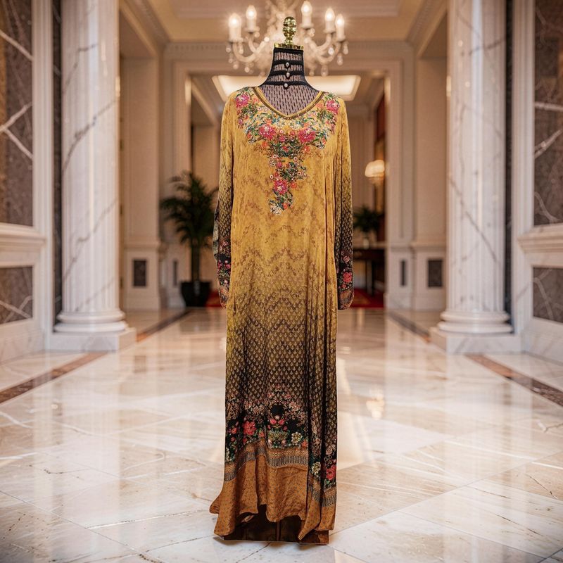 L-XL Digital Dress Kaftan Printed Silky Hand Crystal 56" Long Jalabiya