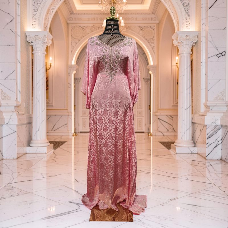 Free Size Silky Farasha Printed Hand Work Crystal 60" Long Jalabiya