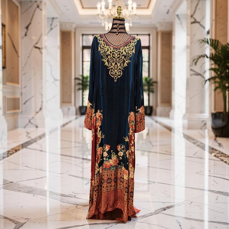 2XL-3XL Digital Dress Kaftan Printed Silky Hand Crystal 57" Long Jalabiya