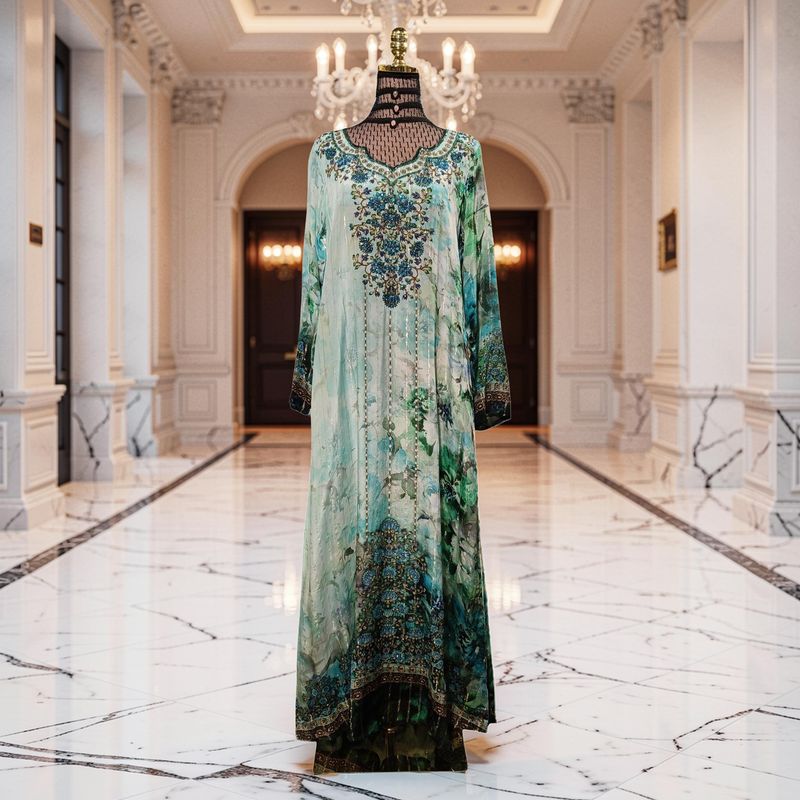 S-M Digital Dress Kaftan Printed Silky Hand Crystal 57" Long Jalabiya