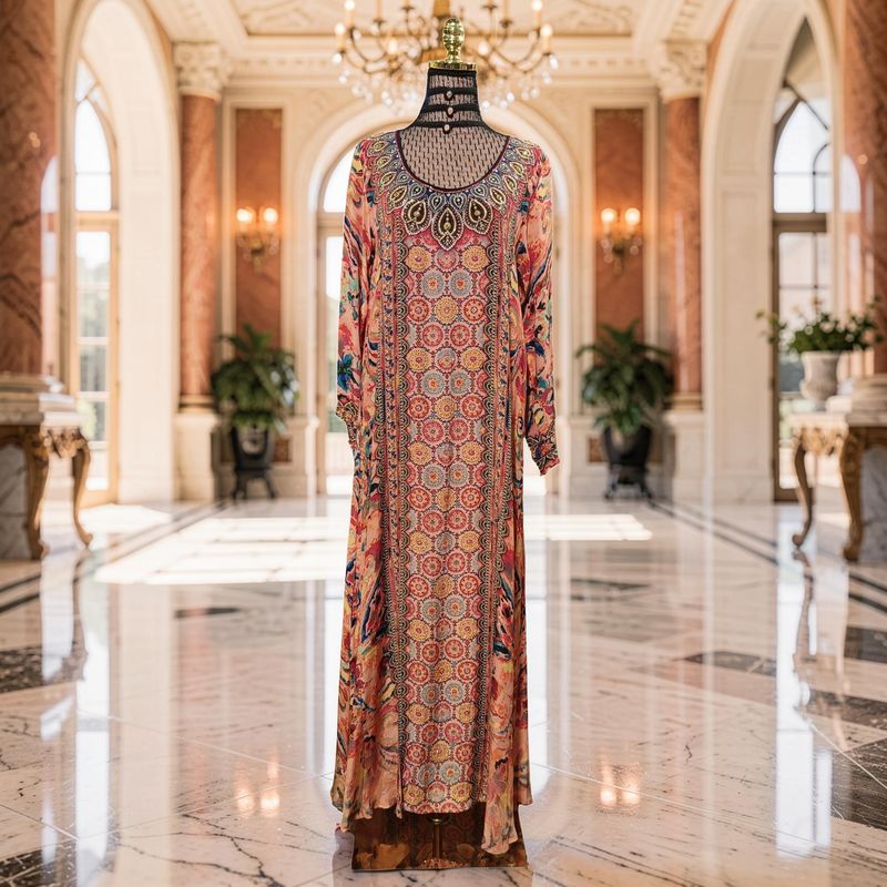 S-M Digital Dress Kaftan Printed Silky Hand Crystal 55" Long Jalabiya