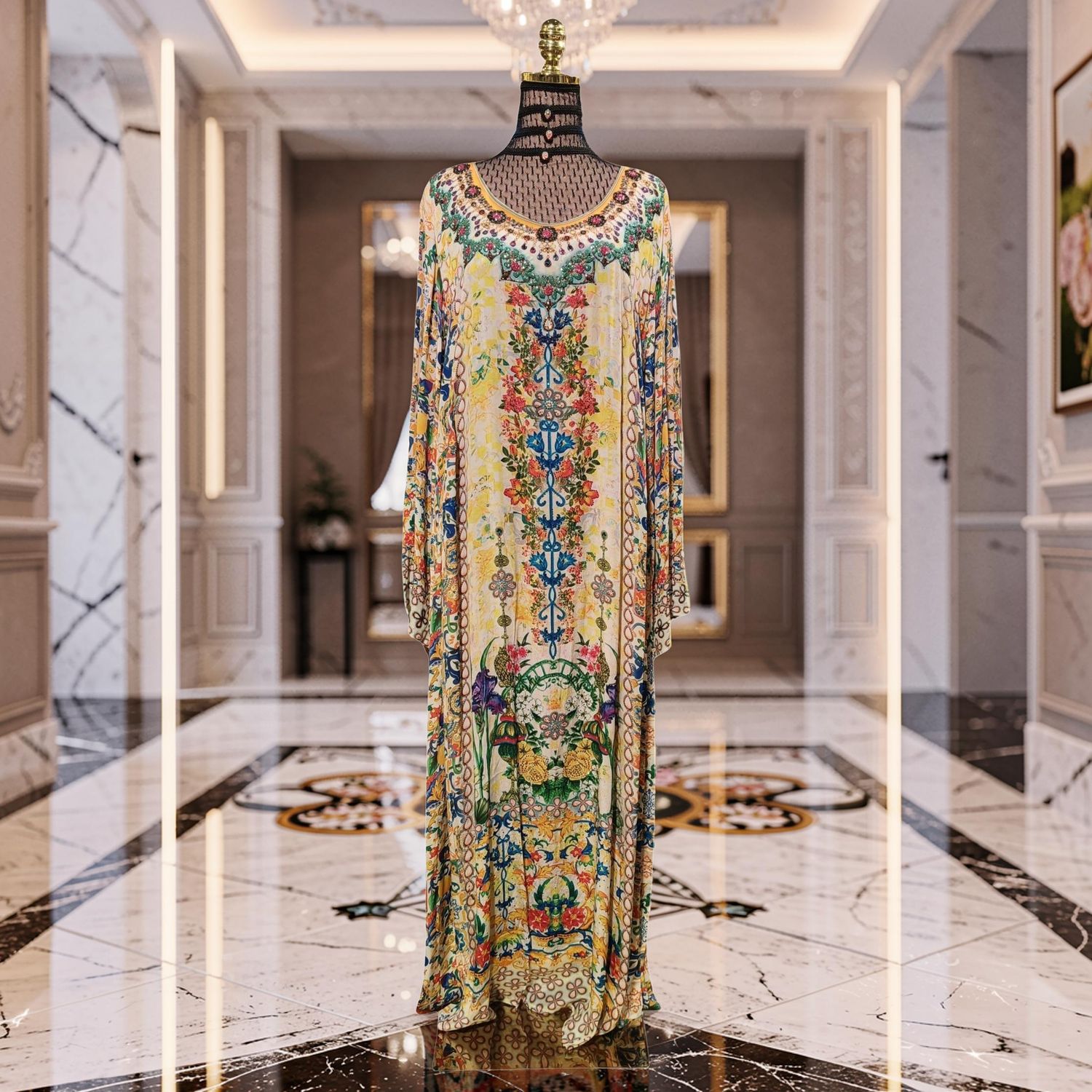 2XL-3XL Digital Dress Kaftan Printed Silky Hand Crystal 59" Long Jalabiya